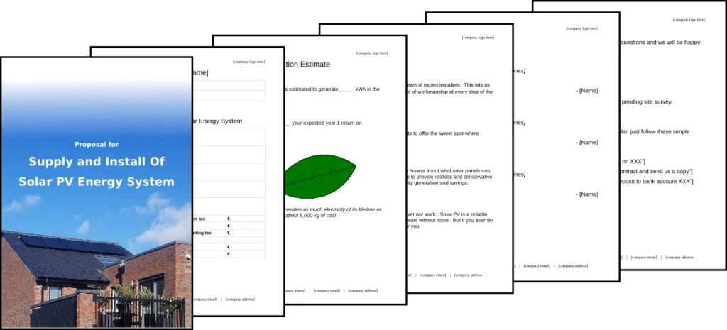 Detailed 6-page solar proposal template.  You can customise this proposal with your company branding.  Includes reviews and performance estimates to boost sales.