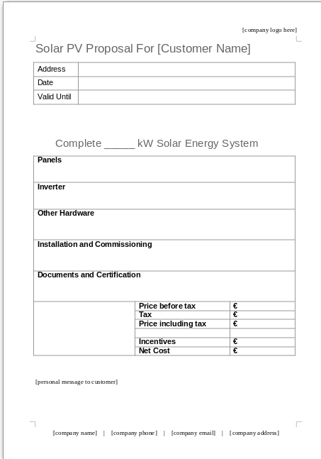 A simple 1-page solar proposal template.  You can customise this template with your company information and branding.  It's a quick option that takes only a few minutes to fill out.